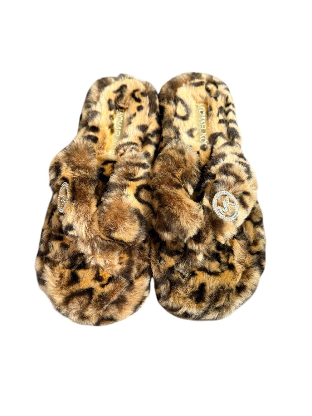 Michael Kors Leopard Faux Fur Slippers Rhinestone MK Logo Size 8M - Picture 2 of 10